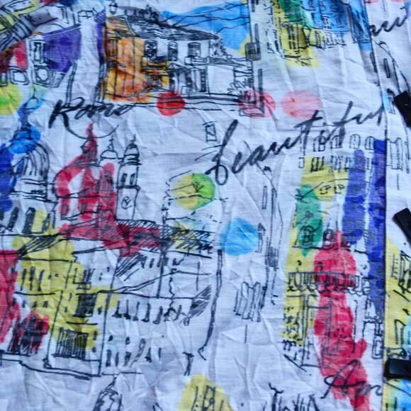 Ali Miles Art Wear Stretch Knit Button Up Shirt Short Sleeve City Print Size 1X - Picture 6 of 13